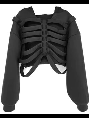 Black Ribcage-Strap Cropped Hoodie Jacket